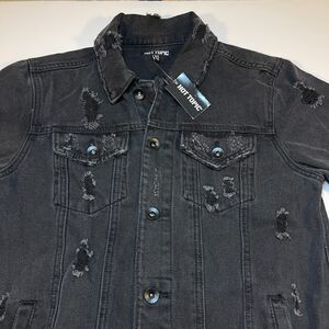 NEW NWT Hot Topic Black Destructed Denim Jean Jacket Sz Mens XS